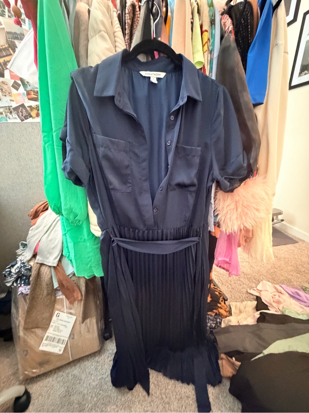 41 Hawthorn Navy Pleated Shirt Maxi Dress with Waist Tie